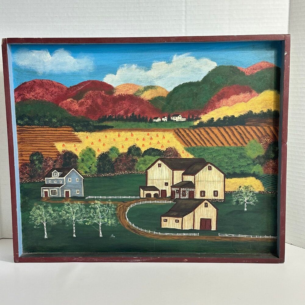 Vintage primitive Folk Art Painting Amish Farmstead